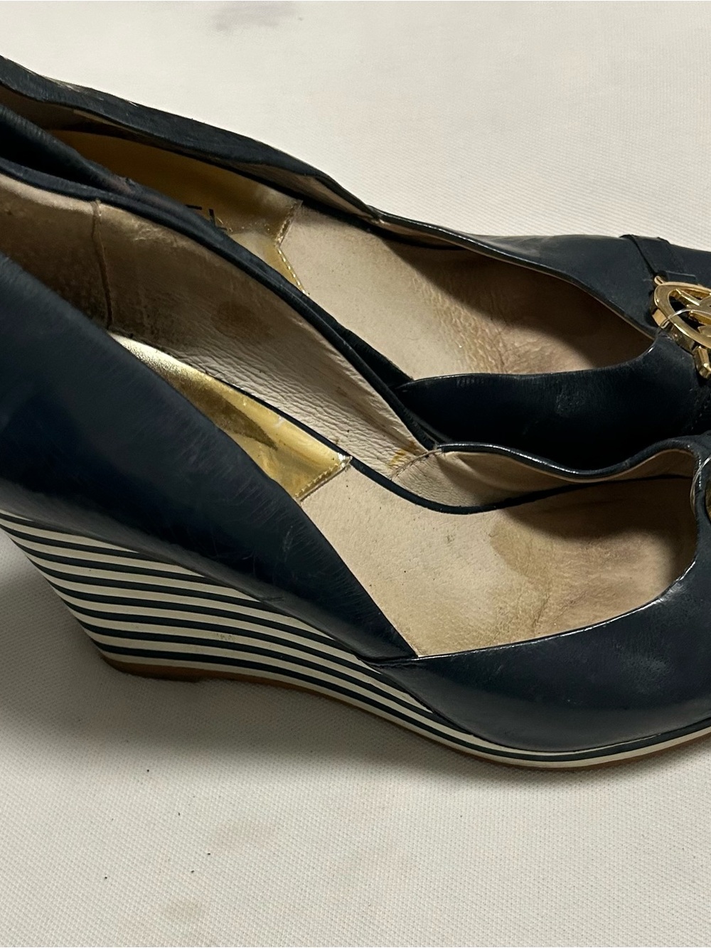 Michael Kors Navy Leather Wedge Pumps with Striped Platform